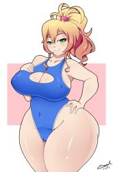 Rule 34 | 1girl, blonde hair, breasts, cleavage, cleavage cutout, cleft of venus, closed mouth, clothing cutout, covered erect nipples, curvy, female focus, green eyes, hair ornament, hajimete no gal, highres, large breasts, legs apart, lips, long hair, looking at viewer, mehdrawings, ponytail, scrunchie, smile, solo, standing, thick thighs, thighs, wide hips, yame yukana