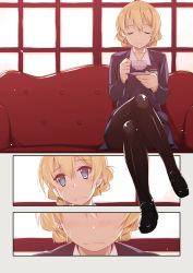 Rule 34 | 10s, 1girl, backlighting, black footwear, black pantyhose, blonde hair, blue eyes, blue skirt, blue sweater, blush, bored, braid, close-up, closed eyes, closed mouth, collarbone, comic, couch, crossed legs, cup, darjeeling (girls und panzer), emblem, faceless, faceless female, french braid, full body, girls und panzer, head tilt, holding, holding cup, indoors, loafers, long sleeves, looking to the side, nose blush, on couch, pantyhose, saucer, shikei, shoes, short hair, skirt, st. gloriana&#039;s (emblem), sweater, teacup, window