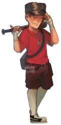 Rule 34 | 1boy, artist name, baseball bat, baseball cap, belt, blush, closed mouth, commentary, full body, hat, highres, holding, holding baseball bat, jouken1douji, kneehighs, long sleeves, looking at viewer, male focus, portuguese commentary, red scout (tf2), scout (tf2), shirt, shoes, signature, simple background, smile, sneakers, socks, solo, t-shirt, team fortress 2, weapon, white background