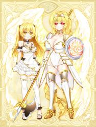 Rule 34 | 2girls, absurdly long hair, armor, armored boots, bare shoulders, black footwear, blonde hair, boots, braid, breasts, cleavage, closed mouth, collarbone, copyright request, dress, feathered wings, full body, hair between eyes, hair intakes, halo, headpiece, high heel boots, high heels, highres, holding, holding polearm, holding weapon, large breasts, leggings, leotard, long hair, medium breasts, multiple girls, official art, pauldrons, polearm, red eyes, sandals, see-through, shield, shikito (yawa0w0), shoulder armor, single braid, smile, standing, thigh boots, thighhighs, two side up, very long hair, weapon, weapon request, white dress, white footwear, white legwear, white leotard, white wings, wings, yellow eyes