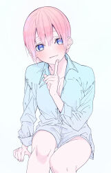Rule 34 | 1girl, @ @, absurdres, blue eyes, blue shirt, blush, breasts, cleavage, closed mouth, collarbone, collared shirt, dress shirt, go-toubun no hanayome, highres, index finger raised, invisible chair, long sleeves, looking at viewer, nakano ichika, naked shirt, pink hair, shirt, short hair, simple background, sitting, solo, valentine (02140314c), white background