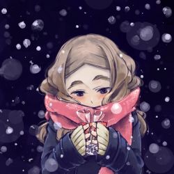 Rule 34 | 1girl, blue eyes, brown hair, chibikko (morihito), chocolate, coat, eyebrows, gift, holding, holding gift, long hair, morihito, original, scarf, sleeves past wrists, snow, solo, thick eyebrows