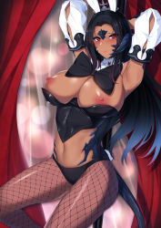 Rule 34 | 1girl, animal ears, armpits, arms behind head, arms up, au ra, warrior of light (ff14), black bow, black hair, black horns, blush, bow, bowtie, breasts, chapter0p, closed mouth, dark-skinned female, dark skin, detached collar, detached sleeves, embarrassed, eyes visible through hair, fake animal ears, fake tail, final fantasy, final fantasy xiv, fishnet pantyhose, fishnets, furrowed brow, highres, horns, huge bow, huge breasts, indoors, leotard, long hair, looking at viewer, midriff, navel, nipples, pantyhose, playboy bunny, pole, rabbit ears, rabbit tail, red eyes, scales, shiny clothes, solo, stage curtains, stomach, tail, undersized clothes, very long hair