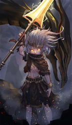 Rule 34 | 1girl, absurdres, bandaged hand, bandages, belt, belt buckle, bow, bracelet, buckle, cloak, covered mouth, crown, dark souls (series), dark souls i, dark souls iii, dragon, embers, fog, gender request, genderswap, glowing, glowing eyes, glowing weapon, grey hair, hair bow, highres, holding, holding polearm, holding spear, holding weapon, jewelry, lightning, medium hair, nameless king, necklace, polearm, rock, scratches, skirt, spear, standing, torn cloak, torn clothes, weapon, white hair, xue qi ye (dndtmbdue), yellow eyes