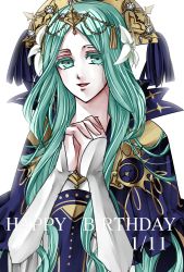 Rule 34 | 1girl, arizigoku666, cloak, collarbone, crown, dated, female focus, fire emblem, fire emblem: three houses, flower, green eyes, green hair, hair flower, hair ornament, happy birthday, highres, long hair, looking at viewer, matching hair/eyes, nintendo, own hands clasped, own hands together, parted bangs, portrait, rhea (fire emblem), sidelocks, simple background, smile, solo, tiara, upper body, white background