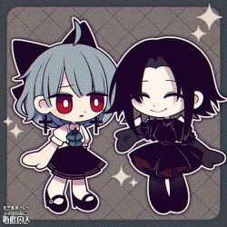 Rule 34 | 2girls, artist name, black bow, black dress, black footwear, black gloves, black skirt, black thighhighs, blue border, blue bow, blue hair, border, bow, bright pupils, chibi, closed eyes, collared shirt, colored skin, commission, commissioner name, cross, cross earrings, dress, earrings, funamusea (artist), gloves, grey background, hair bow, hair intakes, jewelry, mole, mole under eye, multiple girls, open mouth, original, pantyhose, patterned background, pleated skirt, red eyes, shirt, short hair, skeb commission, skirt, smile, thighhighs, white pupils, white shirt, white skin