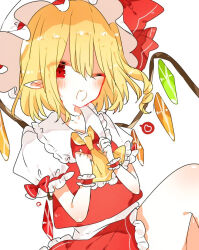Rule 34 | 1girl, ascot, blonde hair, collared shirt, fang, flandre scarlet, frilled ascot, frilled shirt collar, frilled skirt, frilled sleeves, frills, hair between eyes, hat, hat ribbon, heart, looking at viewer, medium hair, miniskirt, mob cap, multicolored wings, nishiki1225, one eye closed, open mouth, pointy ears, puffy short sleeves, puffy sleeves, red eyes, red ribbon, red skirt, red vest, ribbon, shirt, short sleeves, simple background, skin fang, skirt, skirt set, solo, spoken heart, thighs, touhou, vest, white background, white hat, white shirt, wings, wrist cuffs, yellow ascot
