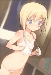 Rule 34 | 1girl, blonde hair, blue eyes, blush, bra, breast conscious, flat chest, glasses, lingerie, lowleg, lowleg panties, navel, oversized clothes, panties, shimada fumikane, short hair, sketch, solo, strike witches, strike witches: suomus misfits squadron, training bra, underwear, underwear only, ursula hartmann, white bra, white panties, world witches series