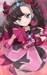 Rule 34 | 1girl, asymmetrical bangs, blush, bow, closed mouth, commentary request, creatures (company), dress, earrings, eyelashes, fingerless gloves, fu (tk1189227dhy), game freak, glint, gloves, green eyes, hand up, happy, highres, jewelry, looking at viewer, marnie (champion) (pokemon), marnie (pokemon), nail polish, nintendo, official alternate costume, pokemon, pokemon masters ex, smile, solo, tiara