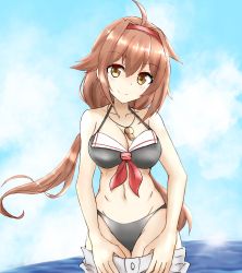 Rule 34 | ahoge, bikini, black bikini, blue sky, breasts, brown eyes, brown hair, clothes pull, hair flaps, hairband, highres, iminami sui, kantai collection, large breasts, long hair, ocean, outdoors, shiratsuyu (kancolle), shorts, shorts pull, sky, smile, solo, swimsuit, whistle