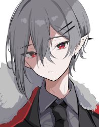 Rule 34 | 1boy, ahute, asymmetrical bangs, bad id, bad pixiv id, cape, collared shirt, earrings, fur trim, grey hair, hair ornament, hairclip, head tilt, highres, jacket, jewelry, light smile, looking to the side, male focus, multiple earrings, necktie, original, pixie cut, pointy ears, red eyes, shirt, short hair, simple background, solo, suit jacket