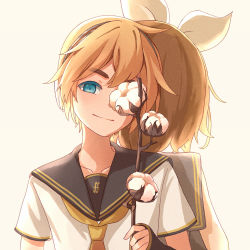 Rule 34 | 1boy, 1girl, arm at side, back-to-back, backlighting, black sailor collar, blonde hair, blue eyes, brother and sister, cell (diox), commentary, cotton boll, covering privates, covering one eye, detached sleeves, english commentary, head tilt, headset, holding, kagamine len, kagamine rin, looking at viewer, mixed-language commentary, necktie, plant, sailor collar, shirt, short sleeves, siblings, simple background, smile, thick eyebrows, twins, upper body, vocaloid, white background, white shirt, yellow neckwear