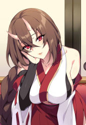 Rule 34 | 1girl, bare shoulders, braid, braided ponytail, breasts, brown hair, collarbone, commentary request, crossed bangs, horns, japanese clothes, kiryuin kaede, large breasts, long hair, long sleeves, looking at viewer, oni, oni girl, oni horns, original, parted lips, puuzaki puuna, red eyes, sideboob, smile, solo, wide sleeves