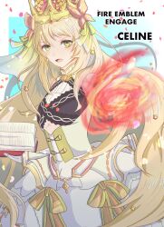 Rule 34 | 1girl, blonde hair, book, breasts, butterfly hair ornament, celine (fire emblem), character name, crown, dlsk cl23, dress, falling petals, fire emblem, fire emblem engage, green eyes, hair ornament, highres, holding, holding book, long hair, looking at viewer, magic, nintendo, open book, open mouth, petals, small breasts, solo, very long hair