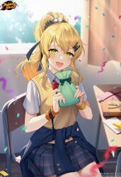 Rule 34 | 1girl, :d, absurdres, blonde hair, bshi edayo, commentary, confetti, curtains, desk, english commentary, gift, green eyes, green hair, hair ornament, high ponytail, highres, holding, holding gift, logo, looking at viewer, mahjong, mahjong soul, mahjong tile, official art, official wallpaper, on chair, open mouth, plaid, plaid skirt, ponytail, school desk, school uniform, shiraishi nana, sitting, skirt, smile, solo, wristband