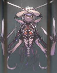 Rule 34 | 1girl, ander horlo, arm blade, arms up, black sclera, colored sclera, extra arms, guro, highres, looking at viewer, monster girl, organs, original, ribs, short hair, solo, weapon, white hair