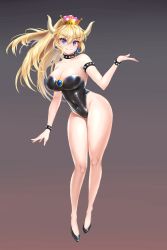 Rule 34 | &gt;:), 1girl, absurdres, armlet, artist request, bare legs, bare shoulders, black footwear, black leotard, blonde hair, blue eyes, blue gemstone, blush, bowsette, bracelet, breasts, cleavage, closed mouth, collar, contrapposto, covered navel, crown, earrings, fang, fang out, female focus, floating hair, full body, gem, gradient background, grey background, hair between eyes, hand up, high heels, highres, horns, jewelry, large breasts, legs, leotard, long hair, looking at viewer, mario (series), monster girl, naughty face, new super mario bros. u deluxe, nintendo, pointy ears, ponytail, smile, solo, spiked armlet, spiked bracelet, spiked collar, spikes, standing, strapless, strapless leotard, super crown, white horns