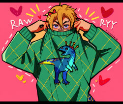 Rule 34 | 1boy, absurdres, artist name, bandaid, bandaid on face, bandaid on nose, blonde hair, bow, brooch, commentary, covered mouth, diego brando, dinosaur tail, english commentary, green eyes, green nails, green sweater, hair bow, heart, heart brooch, highres, huyandere, jewelry, jojo no kimyou na bouken, letterboxed, male focus, pink background, signature, solo, star-shaped pupils, star (symbol), steel ball run, sweater, symbol-shaped pupils, tail