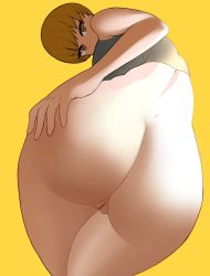 Rule 34 | back, bottomless, bowl cut, brown hair, gluteal fold, hand on own ass, highres, looking at viewer, looking back, megami tensei, nude, okaimikey, persona, persona 4, pussy, satonaka chie, thighs