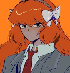 Rule 34 | 1girl, black coat, black vest, blush, bow, brown hairband, coat, collared shirt, freckles, green eyes, hair bow, hairband, highres, ishmael (project moon), limbus company, long hair, looking at viewer, necktie, official art, orange eyes, orange hair, project moon, red necktie, rope, shirt, sidelocks, vellmori, very long hair, vest, white bow, white shirt, wing collar