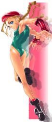 Rule 34 | 1girl, ass, beret, boots, breasts, cammy white, capcom, covered erect nipples, hat, kawata hisashi, leotard, solo, street fighter