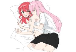 Rule 34 | 2girls, black shorts, bocchi the rock!, closed eyes, commentary request, danji bang, gotoh hitori, grabbing, grabbing another&#039;s breast, green eyes, groping, hand on another&#039;s stomach, kita ikuyo, korean commentary, long hair, multiple girls, one eye closed, open mouth, pillow, pink hair, red hair, shirt, short sleeves, shorts, simple background, sweat, tank top, white background, white shirt, white tank top, yuri