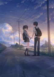 Rule 34 | 1boy, 1girl, absurdres, backpack, bag, black footwear, black hair, black pants, black skirt, black socks, blouse, blush, bow, bowtie, closed mouth, cloud, cloudy sky, collared shirt, commentary request, couple, dirt road, evening, from behind, from side, grass, hetero, highres, holding hands, kneehighs, loafers, looking at viewer, outdoors, pants, pleated skirt, power lines, red bow, red bowtie, road, shirt, shoes, short hair, short ponytail, short sleeves, skirt, sky, socks, standing, sunlight, tree, utility pole, vanishing point, white shirt, wing collar, you shimizu