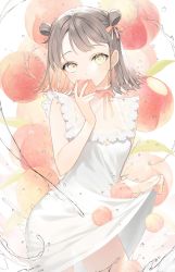 Rule 34 | 1girl, absurdres, bare arms, black hair, bow, breasts, cleavage, commentary request, dress, food, fruit, hair bow, hair rings, hand up, highres, holding, holding food, holding fruit, open mouth, original, peach, pink bow, see-through, skirt basket, sleeveless, sleeveless dress, small breasts, sogawa, solo, teeth, upper teeth only, water, white background, white dress, yellow eyes