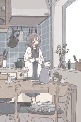 Rule 34 | 1girl, black eyes, bright pupils, cat, closed mouth, cup, east sha2, expressionless, frying pan, grey hair, highres, holding, holding cup, holding spoon, indoors, kitchen, long sleeves, looking away, low twintails, medium hair, original, short twintails, sleeves past wrists, solo, spoon, stove, teapot, twintails, white pupils, window, windowsill