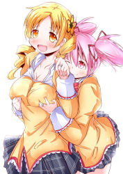 Rule 34 | 10s, 2girls, blonde hair, blush, breasts, breasts squeezed together, cleavage, drill hair, frills, hair ornament, hair ribbon, jewelry, kaname madoka, large breasts, mad (hazukiken), mahou shoujo madoka magica, mahou shoujo madoka magica (anime), multiple girls, one eye closed, open clothes, open shirt, pink eyes, pink hair, plaid, plaid skirt, pleated skirt, ribbon, ring, school uniform, shirt, short twintails, skirt, smile, tomoe mami, twintails, wavy mouth, wink, yellow eyes, yuri