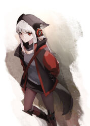 Rule 34 | 1girl, absurdres, animal ear fluff, animal ears, arknights, arms behind back, black jacket, black skirt, brown pantyhose, closed mouth, e-bushi, ears through headwear, frostleaf (arknights), grey hair, grey shirt, highres, jacket, long hair, long sleeves, open clothes, open jacket, pantyhose, puffy long sleeves, puffy sleeves, red eyes, shirt, skirt, smile, solo, standing, standing on one leg, tail, white background
