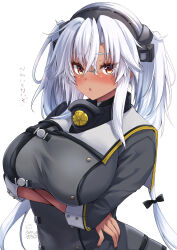 1girl arms_under_breasts black_nails breasts brown_eyes collar commentary_request crossed_arms dark-skinned_female dark_skin glasses grey-framed_eyewear grey_hair hair_between_eyes headgear highres huge_breasts kantai_collection long_hair looking_at_viewer mashiro_yukiya metal_collar musashi_(kancolle) musashi_kai_ni_(kancolle) rectangular_eyewear sakuramon semi-rimless_eyewear solo translation_request twintails upper_body very_long_hair