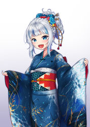 Rule 34 | 1girl, :d, absurdres, adapted costume, blue eyes, blue hair, blue nails, blunt bangs, commentary, gawr gura, gradient background, hair ornament, hair up, highres, hololive, hololive english, japanese clothes, kimono, looking at viewer, mikannsisyou, multicolored hair, nail polish, obi, open mouth, ponytail, print kimono, sash, shark print, sharp teeth, silver hair, simple background, smile, solo, streaked hair, teeth, two-tone hair, virtual youtuber, wide sleeves