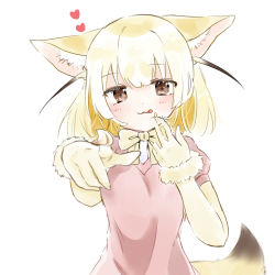Rule 34 | 10s, :3, :p, animal ears, blonde hair, bow, bowtie, brown eyes, commentary request, elbow gloves, fennec (kemono friends), food, food on face, fox ears, fox tail, fur trim, gloves, heart, highres, kemono friends, looking at viewer, megumi 222, pointing, pointing at viewer, puffy short sleeves, puffy sleeves, short hair, short sleeves, simple background, solo, tail, tongue, tongue out, upper body, white background