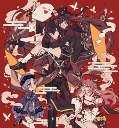 Rule 34 | 1boy, 3girls, akina422, bandaged leg, bandages, bead necklace, beads, black hair, black headwear, breasts, brown hair, bug, butterfly, chinese clothes, cleavage, closed mouth, detached sleeves, dress, flower, flower-shaped pupils, genshin impact, ghost, grey eyes, hair between eyes, hair ornament, hand on own hip, hat, hat flower, horns, hu tao (genshin impact), insect, jacket, jewelry, kneehighs, long hair, long sleeves, mandarin collar, multiple girls, necklace, ofuda, open mouth, pants, pink eyes, pink flower, pink hair, plum blossoms, porkpie hat, purple hair, purple headwear, qingdai guanmao, qiqi (genshin impact), red background, red eyes, red flower, red headwear, shorts, socks, squatting, standing, symbol-shaped pupils, tassel, thighhighs, white socks, white thighhighs, yanfei (genshin impact), yellow eyes, zhongli (genshin impact)