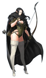 Rule 34 | 1girl, absurdres, arrow (projectile), belt, black hair, blue eyes, boots, bow, bow (weapon), breasts, bridal gauntlets, cape, covered navel, earrings, elf, full body, high heel boots, high heels, highres, hong soon-jae, hoop earrings, jewelry, large breasts, leotard, lips, long hair, looking at viewer, original, pointy ears, puffy sleeves, quiver, serious, simple background, solo, thigh boots, thighhighs, very long hair, weapon, white background