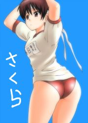 Rule 34 | 1girl, arms up, ass, bad id, bad pixiv id, blue background, brown eyes, brown hair, capcom, gym uniform, highres, huge ass, kasugano sakura, okyou, panties, red panties, shirt, short hair, simple background, solo, sportswear, standing, street fighter, text focus, translation request, underwear