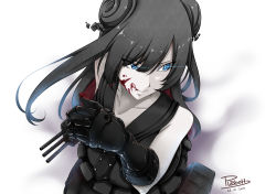 Rule 34 | 1girl, :q, absurdres, abyssal ship, bad id, bad pixiv id, bare shoulders, black hair, black serafuku, blood, blood on face, blue eyes, cannon, check commentary, closed mouth, collarbone, colored skin, commentary request, dated, double bun, eyes visible through hair, from above, gauntlets, gloves, glowing, glowing eyes, grey background, hair between eyes, hair bun, highres, kantai collection, licking blood, light cruiser oni, long hair, looking away, machinery, necktie, open mouth, plasbott, rigging, school uniform, serafuku, sidelocks, signature, simple background, smile, solo, tongue, tongue out, turret, white skin