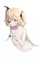 Rule 34 | 1girl, blonde hair, blush, breasts, censored, censored nipples, collarbone, commentary, cropped torso, eyepatch, fischl (genshin impact), genshin impact, green eyes, hair over one eye, hair ribbon, hand on own chest, hand up, highres, litra (ltr0312), long hair, looking at viewer, navel, nude, open mouth, ribbon, simple background, solo, two side up, upper body, white background