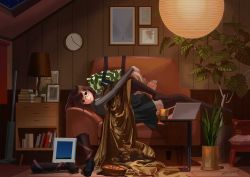 Rule 34 | 1girl, absurdres, analog clock, animal, black thighhighs, blanket, book, boots, brown hair, cat, chaise longue, clock, computer, cushion, eikoh, female focus, fishnets, unworn footwear, glasses, highres, indoors, lamp, laptop, long hair, looking at viewer, lying, open mouth, original, photo (object), plant, potted plant, signature, skirt, solo, table, thighhighs, vacuum cleaner