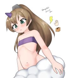 Rule 34 | 1girl, absurdres, aged down, alternate costume, bandeau, box, brown hair, cardboard box, cloud, cone horns, cosplay, dated, dazzi, dazzi (cosplay), flat chest, green eyes, highres, horns, kantai collection, kumano (kancolle), lightning bolt symbol, long hair, maru (marg0613), navel, one-hour drawing challenge, oni, palworld, ponytail, purple bandeau, single horn, solo, twitter username, upper body, white background