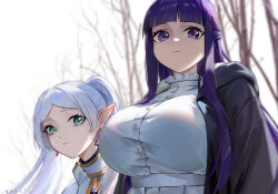 Rule 34 | 2girls, bare tree, blunt bangs, breast envy, breasts, day, earrings, fern (sousou no frieren), frieren, green eyes, highres, huge breasts, jewelry, long hair, looking at viewer, multiple girls, open clothes, outdoors, parted bangs, peach luo, pointy ears, purple eyes, purple hair, shirt, skirt, sousou no frieren, tree, twintails, upper body, very long hair, white shirt, white skirt, winter