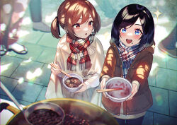 Rule 34 | 2girls, black hair, blue eyes, blush, bowl, brown coat, brown eyes, brown hair, character request, chopsticks, coat, copyright request, food, from above, holding, holding bowl, holding chopsticks, holding ladle, japanese clothes, kimono, ladle, looking at another, medium hair, mole, mole under eye, mole under mouth, multiple girls, parted bangs, scarf, short twintails, sidelocks, twintails, unowen, white coat