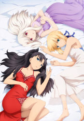 Rule 34 | 3girls, artoria pendragon (all), artoria pendragon (fate), bad id, bad yandere id, barefoot, bed sheet, black bow, black hair, blonde hair, blue eyes, blue ribbon, bow, breasts, cleavage, collarbone, dress, fate/stay night, fate (series), feet, from above, green eyes, hair bow, hair ribbon, highres, illyasviel von einzbern, long hair, looking at viewer, lying, medium breasts, multiple girls, nightgown, official art, on back, on side, parted lips, purple dress, red dress, red eyes, ribbon, saber (fate), scan, short hair with long locks, sideboob, sidelocks, silver hair, sleeveless, sleeveless dress, tohsaka rin, two side up, white dress