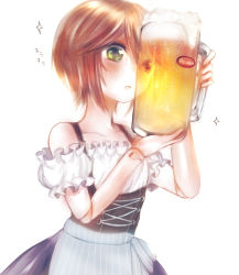 Rule 34 | 1girl, apron, brown hair, bustier, copyright name, green eyes, grey apron, grey skirt, heterochromia, highres, holding, lushuao, no headwear, off-shoulder shirt, off shoulder, open mouth, red eyes, rozen maiden, shirt, short hair, simple background, skirt, solo, souseiseki, standing, striped apron, striped clothes, swept bangs, waist apron, white background, white shirt