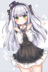 Rule 34 | 1girl, absurdres, aged down, bad id, bad pixiv id, black dress, black hairband, black ribbon, blush, checkered clothes, checkered neckwear, clenched hands, commentary request, cowboy shot, dress, frown, girls&#039; frontline, green eyes, hair ribbon, hairband, hands up, hat, highres, hk416 (black kitty&#039;s gift) (girls&#039; frontline), hk416 (girls&#039; frontline), honyang, long hair, looking at viewer, mini hat, official alternate costume, ribbon, shirt, silver hair, skirt, solo, two side up, very long hair, white shirt, white skirt