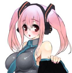 Rule 34 | 1girl, bad id, bad pixiv id, between breasts, blush, breasts, cosplay, detached sleeves, hatsune miku, hatsune miku (cosplay), headphones, large breasts, long hair, necktie, necktie between breasts, nitroplus, open mouth, pink hair, po. (medamaoyazi), red eyes, solo, super sonico, twintails, vocaloid