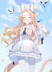Rule 34 | absurdly long hair, absurdres, animal ear fluff, animal ears, bikini, bird, bird on hand, blonde hair, blue archive, blue necktie, blush, bow, bright pupils, cloud, cloudy sky, dress, flower, flying, forehead, fox ears, frilled dress, frills, gradient eyes, hair bow, hair flower, hair ornament, halo, highres, leggings, long-tailed tit, long hair, multicolored eyes, necktie, parted bangs, parted lips, petals, pink eyes, posom, seia (blue archive), short necktie, sky, sleeve bow, sleeveless, sleeveless dress, sleeves past fingers, sleeves past wrists, swimsuit, tit (bird), vertical-striped leggings, very long hair, white bikini, white bird, white bow, white dress, white flower, white leggings, white pupils, yellow bow, yellow eyes