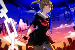 Rule 34 | 1girl, blonde hair, bracelet, chain, character request, check character, check copyright, cloud, copyright request, evening, from below, hood, hoodie, jewelry, kagerou project, kisaragi momo, maam. (summemixi), side ponytail, skirt, sky, skyline, solo, star (sky), starry sky, translation request, vocaloid, yellow eyes