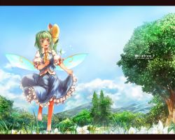 Rule 34 | 1girl, barefoot, blue eyes, blue sky, bow, daiyousei, day, english text, fairy wings, female focus, flower, grass, green eyes, green hair, hair bow, letterboxed, matching hair/eyes, mountain, nature, sachito, scenery, side ponytail, skirt hold, sky, solo, touhou, tree, wings, yousei daisensou